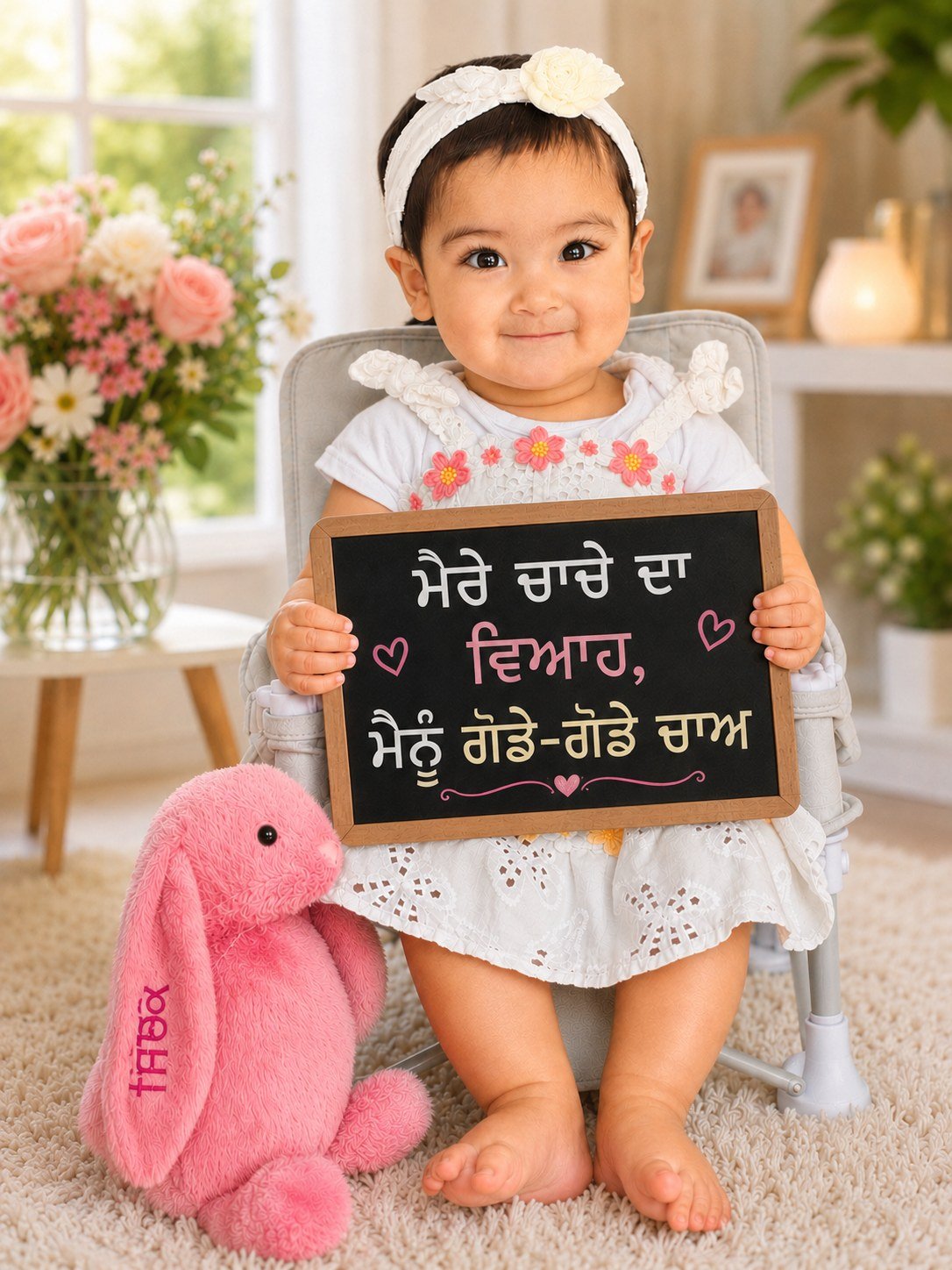Sidak Kaur Thiara holding a wedding invitation board